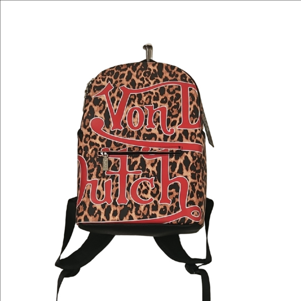 Von Dutch Leopard Print Backpack with Red Logo